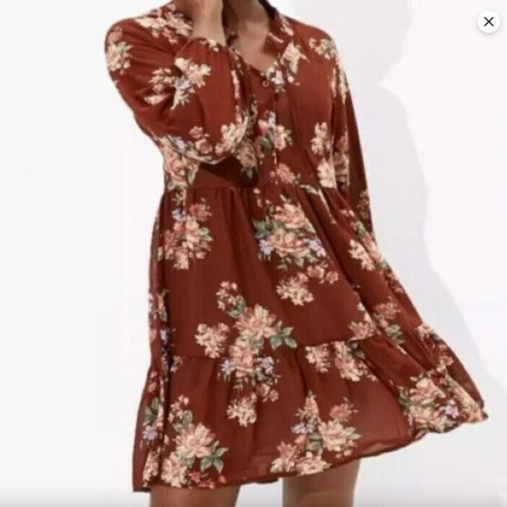 American Eagle Floral Brown Chiffon Flowy Short Dress Size S